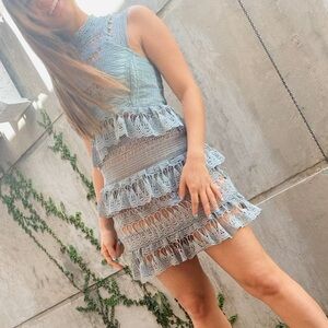 Romantic Blue Lace Cocktail Dress XS Embroidered Tiered Ruffle Wedding Cocktail